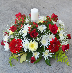 Red Roses, yellow gerberas & white chrysanthemums Candle Centerpiece